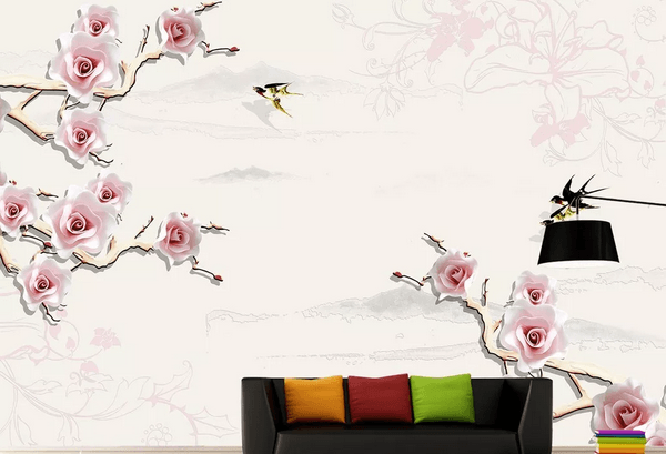 3D Pink Flower Swallow Wall Mural Wallpaper 84- Jess Art Decoration