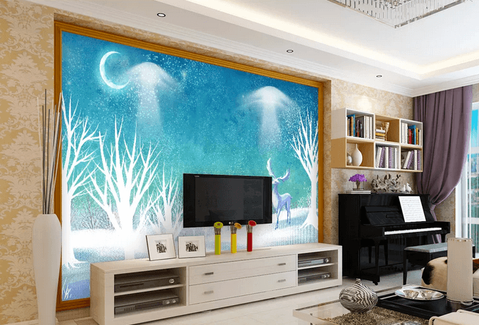 3D Moon Tree Elk Wall Mural Wallpaper 462- Jess Art Decoration