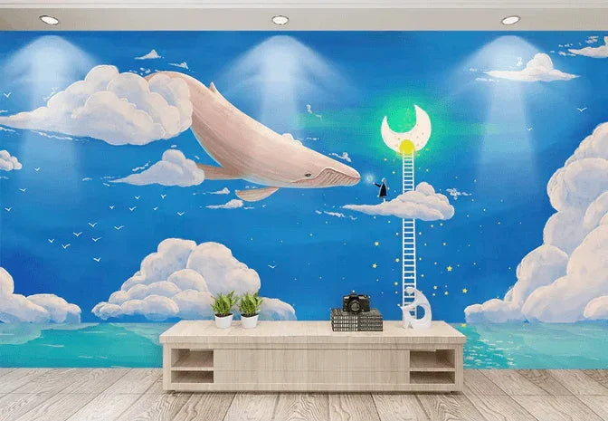 3D Ladder Shark Moon Sky Clouds Sea Boat Wall Mural Wallpaper 399- Jess Art Decoration
