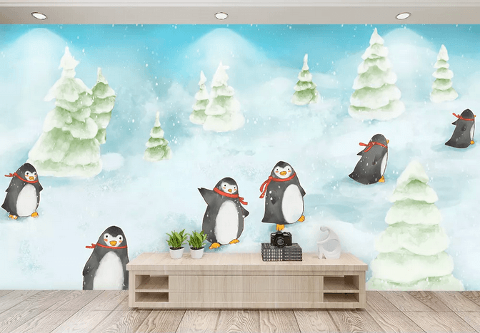 3D Penguin Pine Snow Wall Mural Wallpaper 373- Jess Art Decoration
