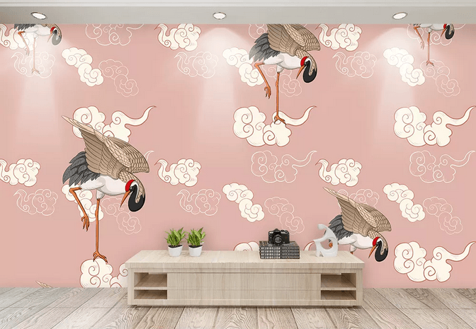 3D Pink Crane Clouds Wall Mural Wallpaper 379- Jess Art Decoration