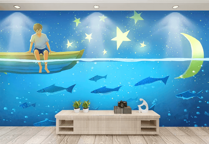 3D Sea Moon Star Boat Fish Wall Mural Wallpaper 397- Jess Art Decoration