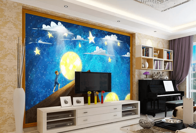 3D Blue Star Sky Clouds Moon Kid Wall Mural Wallpaper 401- Jess Art Decoration
