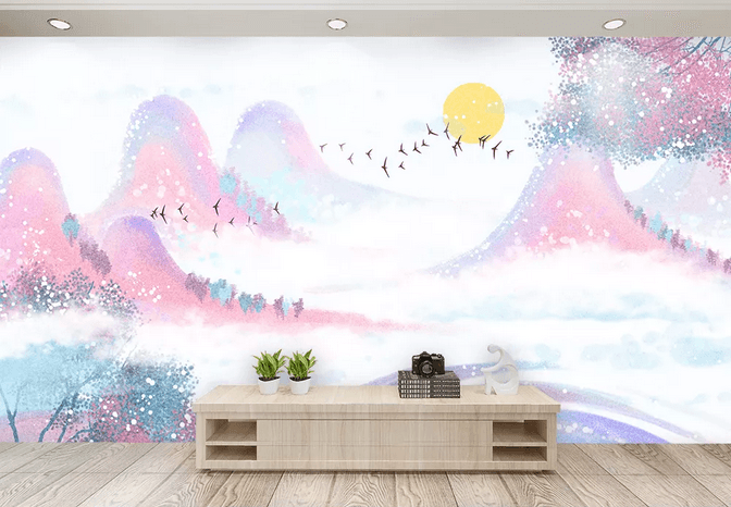 3D Pink Watercolor Trees Mountains Wall Mural Wallpaper 451- Jess Art Decoration