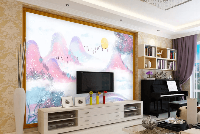 3D Pink Watercolor Trees Mountains Wall Mural Wallpaper 451- Jess Art Decoration