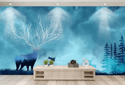 3D Blue Trees Elk Wall Mural Wallpaper 407- Jess Art Decoration