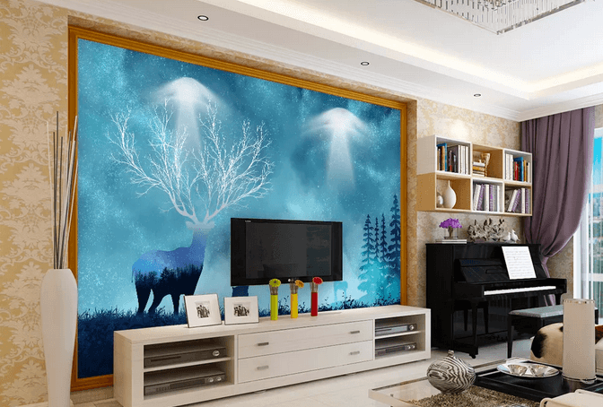 3D Blue Trees Elk Wall Mural Wallpaper 407- Jess Art Decoration