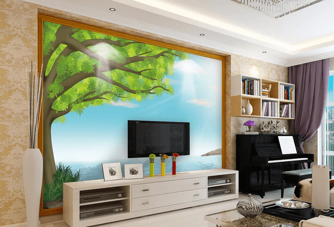 3D Blue Tree River Wall Mural Wallpaper 387- Jess Art Decoration