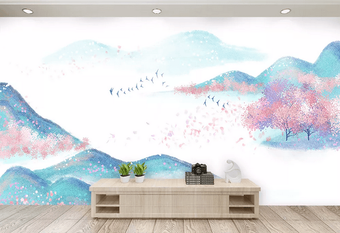 3D Watercolor Mountains Peach Tree Wall Mural Wallpaper 452- Jess Art Decoration