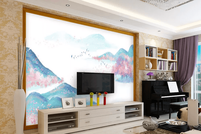 3D Watercolor Mountains Peach Tree Wall Mural Wallpaper 452- Jess Art Decoration