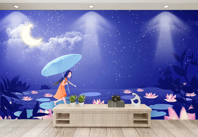 3D Moon Star Sky Girl Lotus Leaves Wall Mural Wallpaper 411- Jess Art Decoration