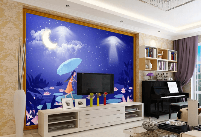 3D Moon Star Sky Girl Lotus Leaves Wall Mural Wallpaper 411- Jess Art Decoration