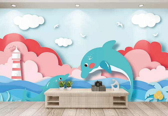 3D Cartoon Dolphin Lighthouse Wall Mural Wallpaper 282- Jess Art Decoration