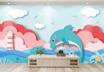 3D Cartoon Dolphin Lighthouse Wall Mural Wallpaper 282- Jess Art Decoration