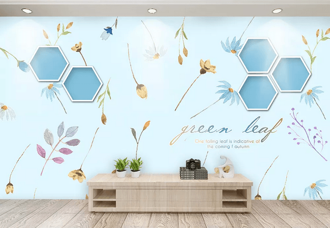 3D Blue Floral Leaves Hexagon Wall Mural Wallpaper 347- Jess Art Decoration