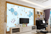 3D Blue Floral Leaves Hexagon Wall Mural Wallpaper 347- Jess Art Decoration
