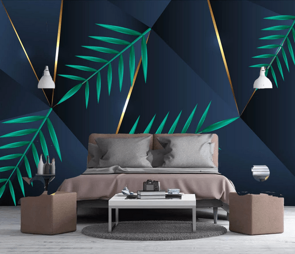 3D Blue Geometric  Line Leaves Wall Mural Wallpaper 171- Jess Art Decoration