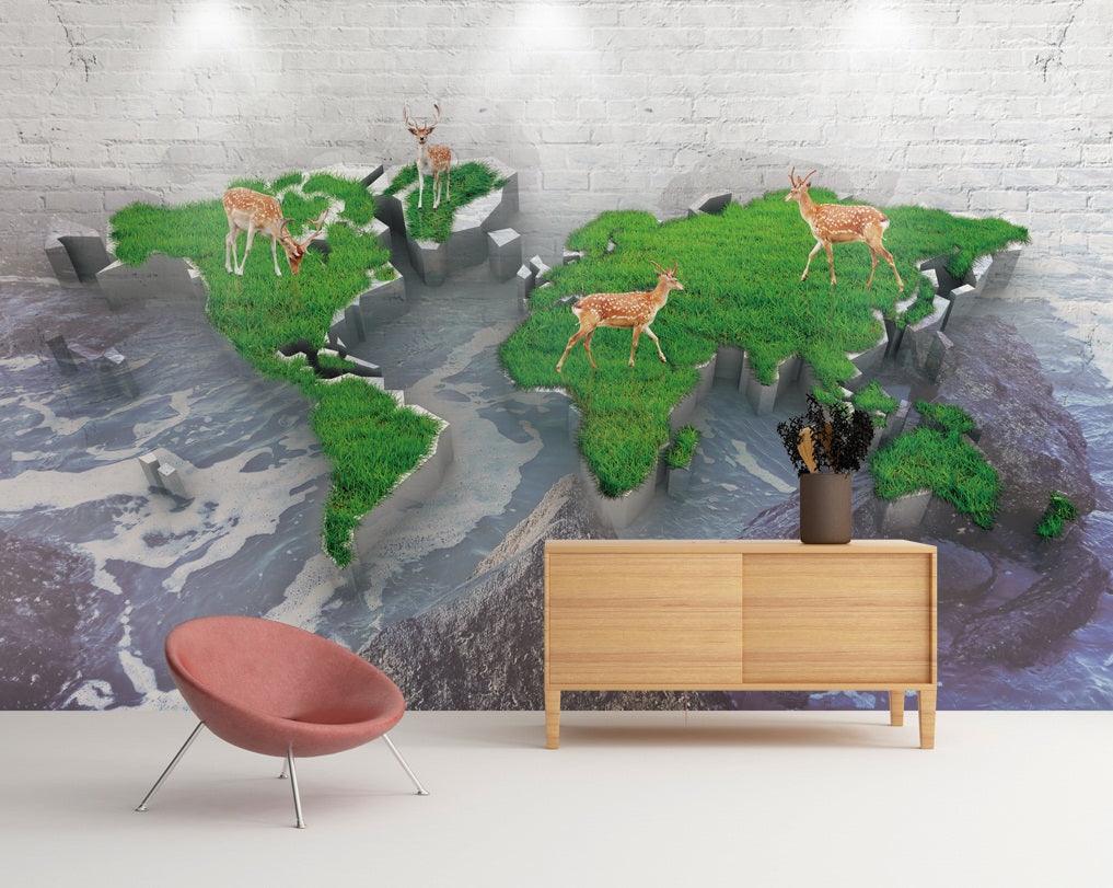 3D grassland world map reindeer wall mural wallpaper 97- Jess Art Decoration