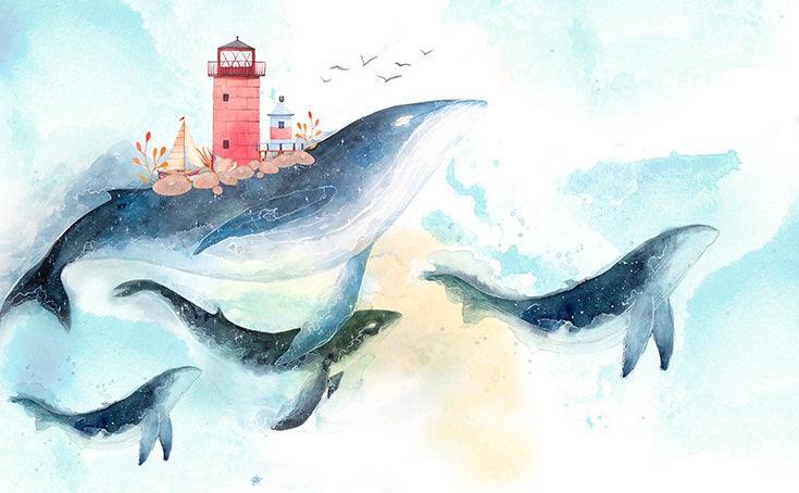 3D whales lighthouses watercolors wall mural wallpaper 232- Jess Art Decoration