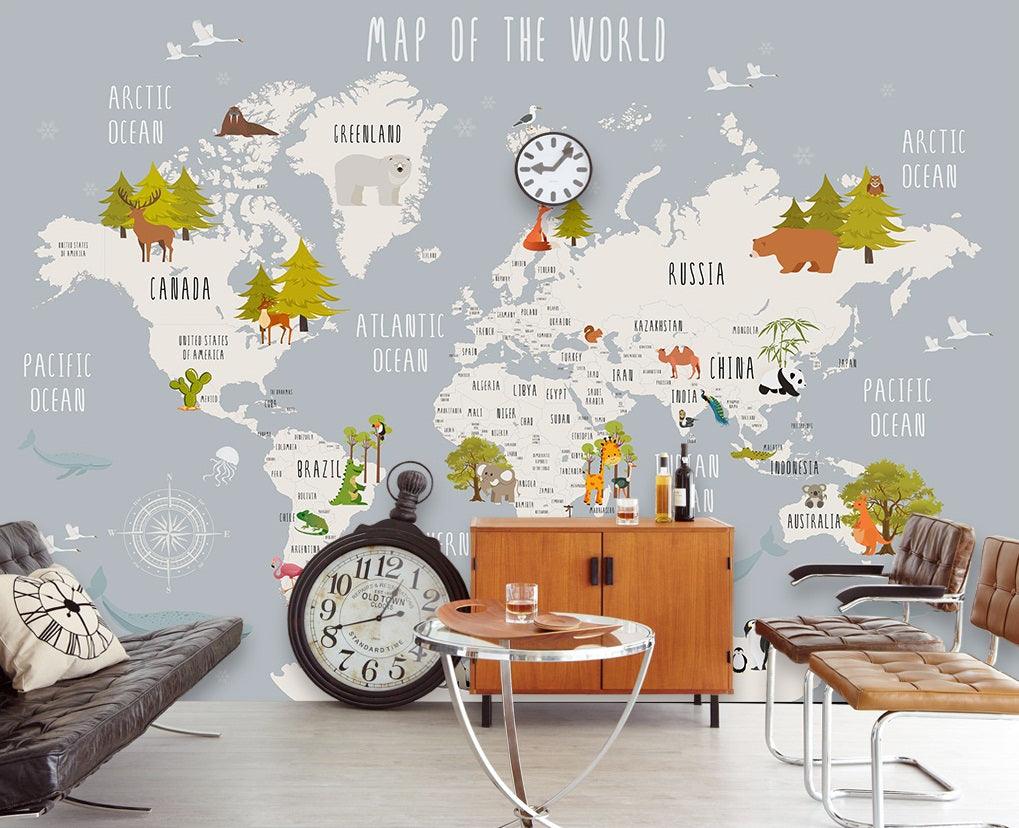3D color cartoon world map wall mural wallpaper 201- Jess Art Decoration