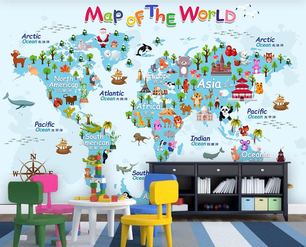 3D color cartoon world map wall mural wallpaper 173- Jess Art Decoration