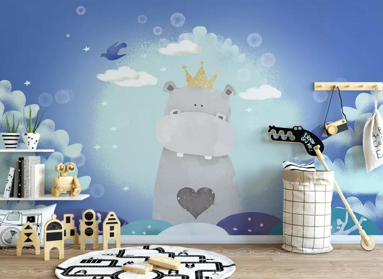 3D blue background cartoon hippo wall mural wallpaper 114- Jess Art Decoration