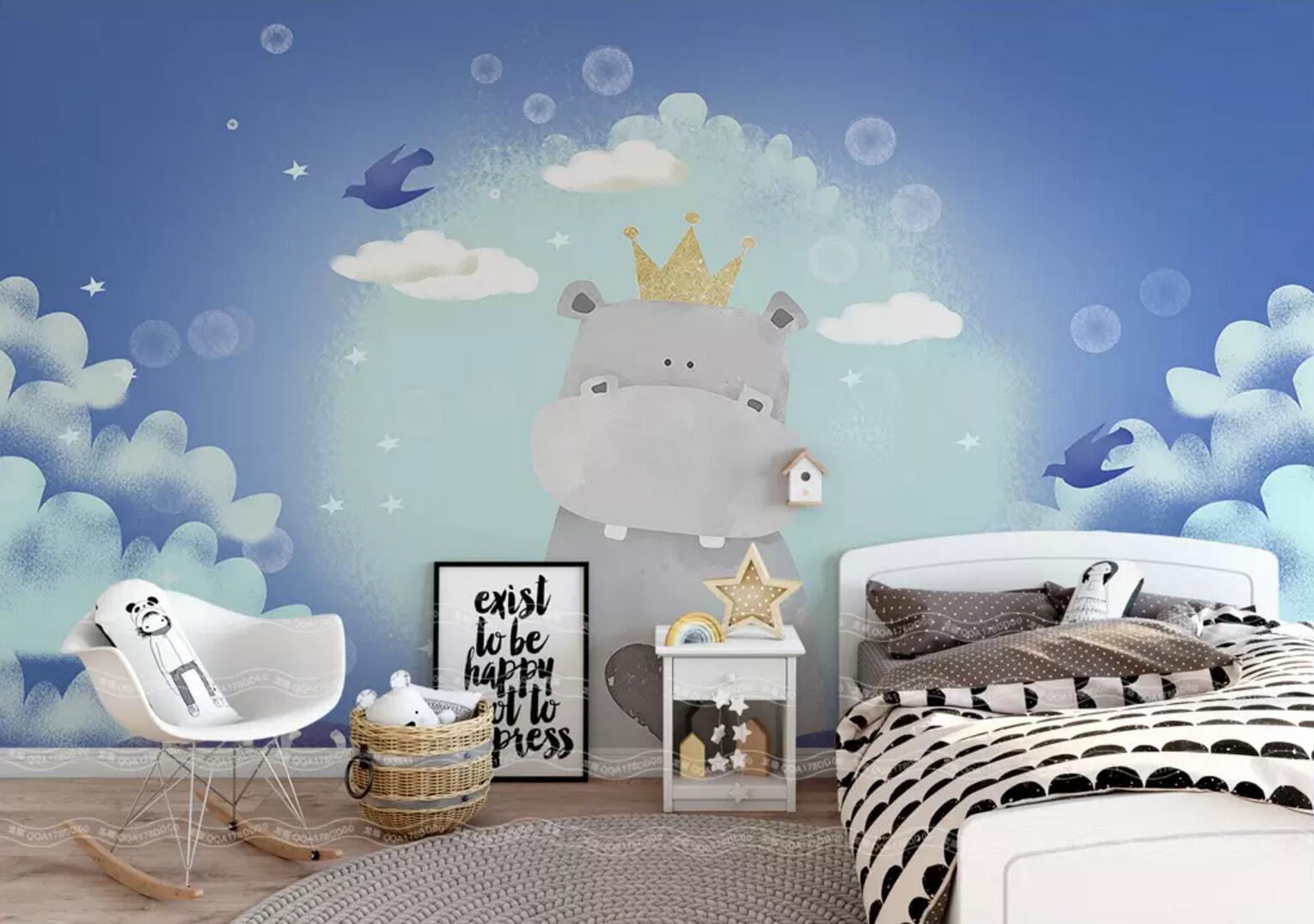 3D blue background cartoon hippo wall mural wallpaper 114- Jess Art Decoration