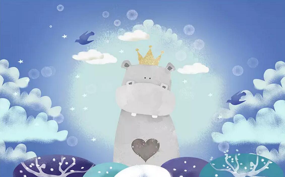 3D blue background cartoon hippo wall mural wallpaper 114- Jess Art Decoration