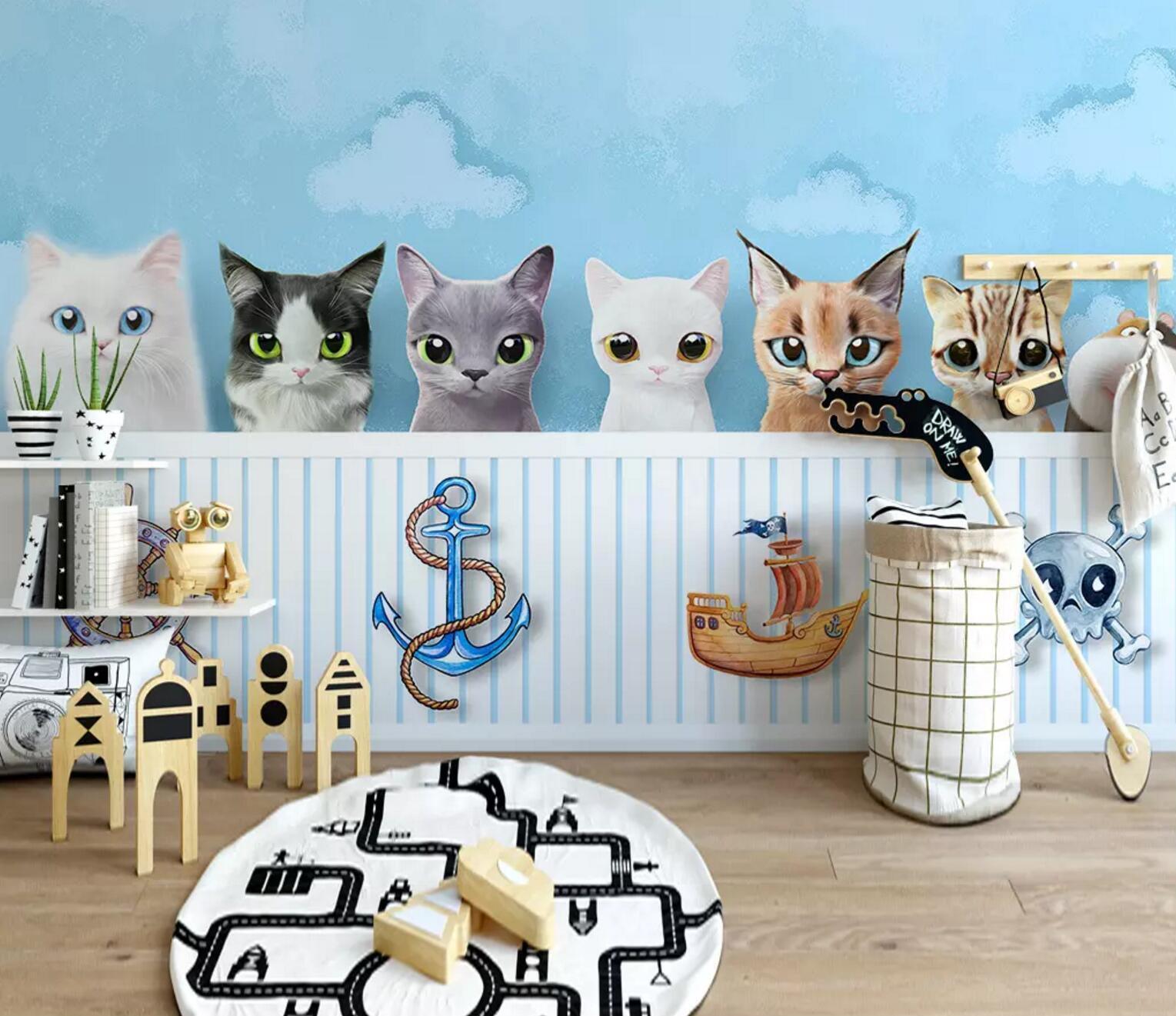 3D Blue Sky Clouds Cute Cat White Fence Wall Mural 217- Jess Art Decoration