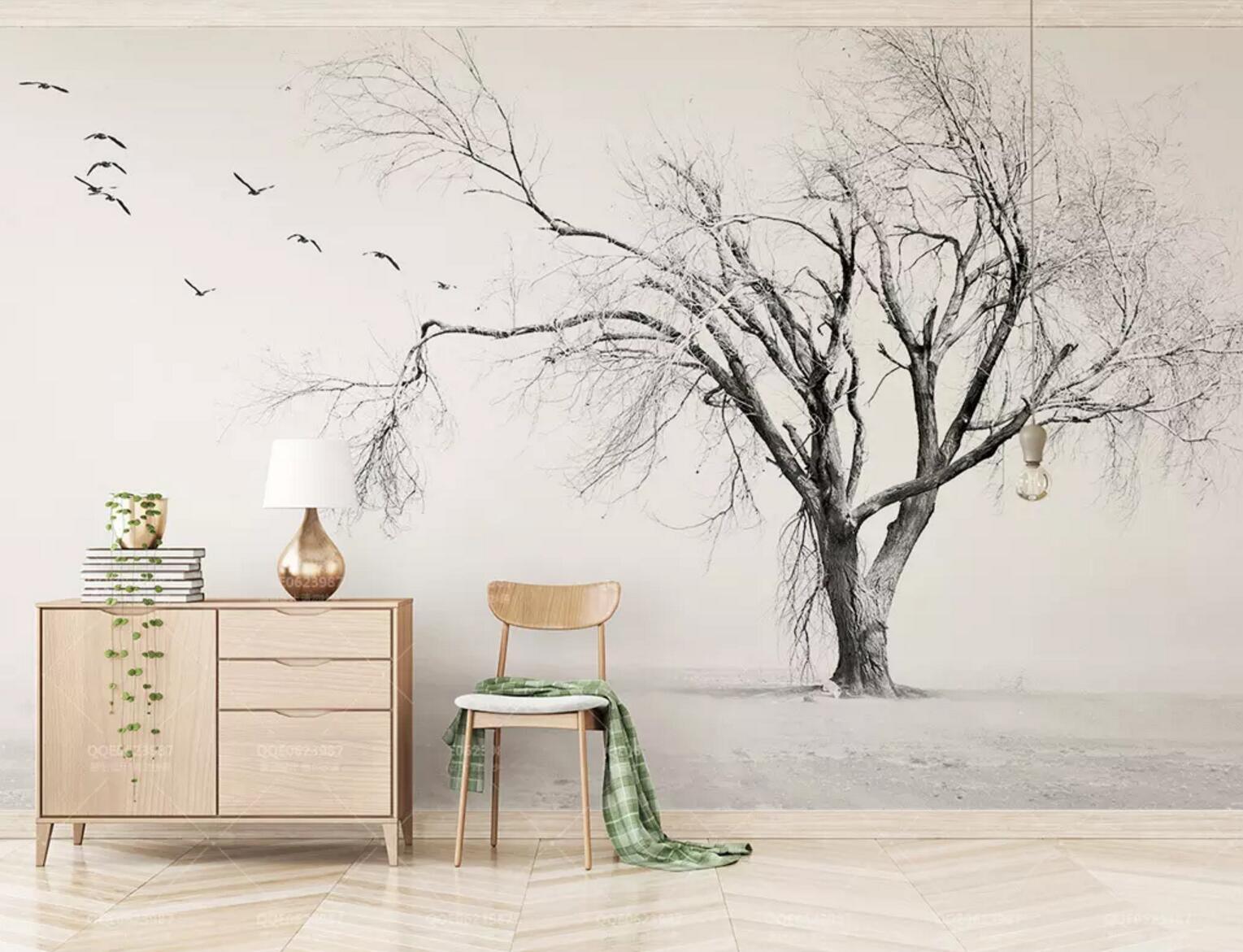 3D black white winter tree bird wall mural wallpaper 30- Jess Art Decoration