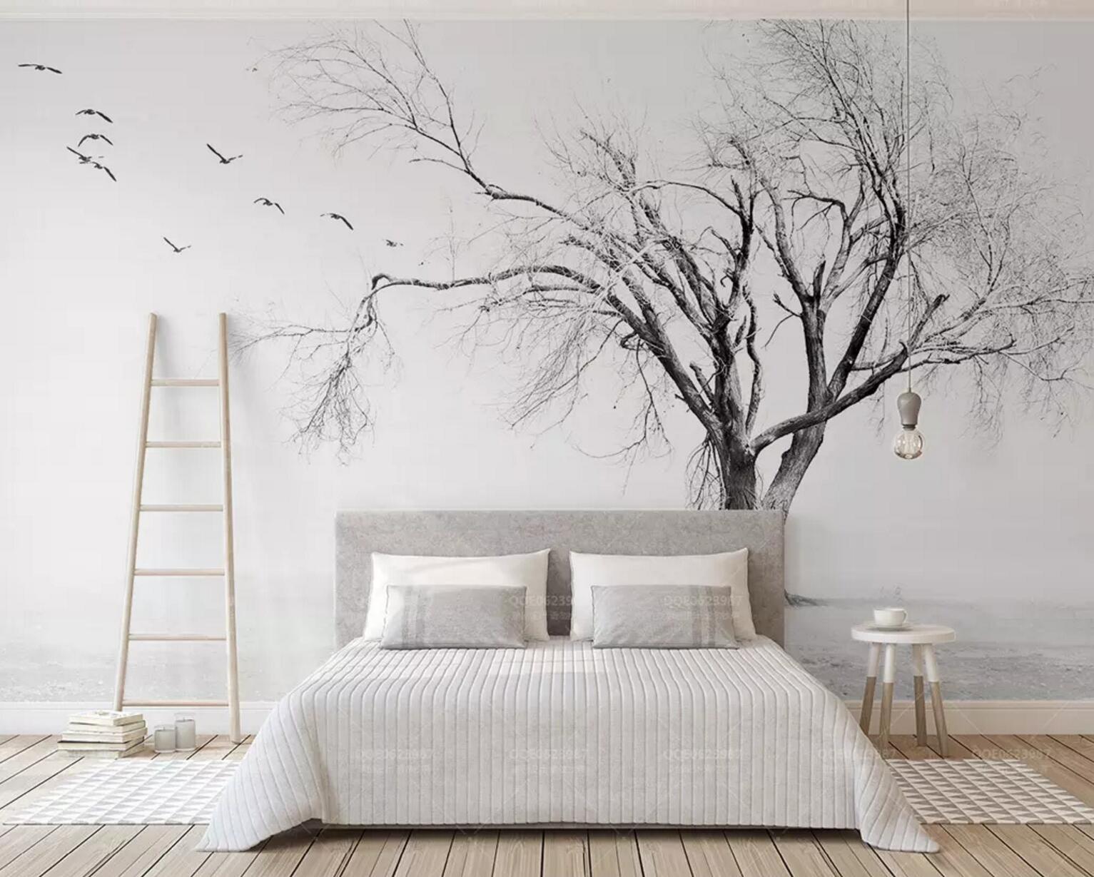 3D black white winter tree bird wall mural wallpaper 30- Jess Art Decoration