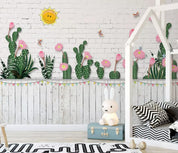 3D pink flowers green cacti cartoon wall mural wallpaper 280- Jess Art Decoration