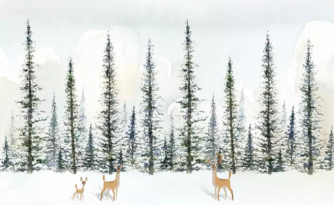 3D cartoon pine forest deer watercolor wall mural wallpaper 106- Jess Art Decoration