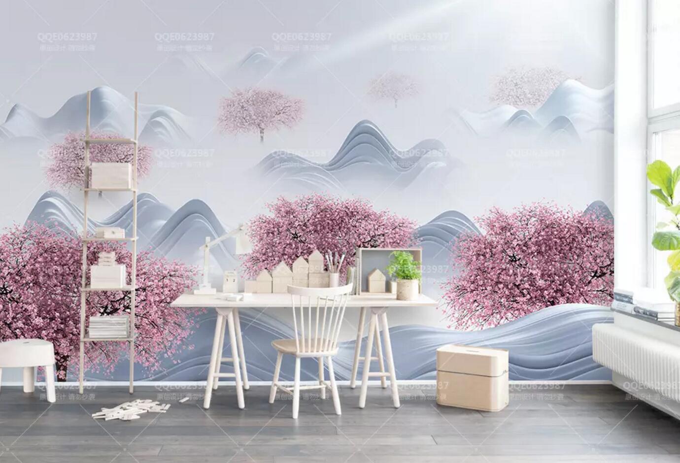 3D black white mountains pink flowers watercolor wall mural wallpaper 50- Jess Art Decoration