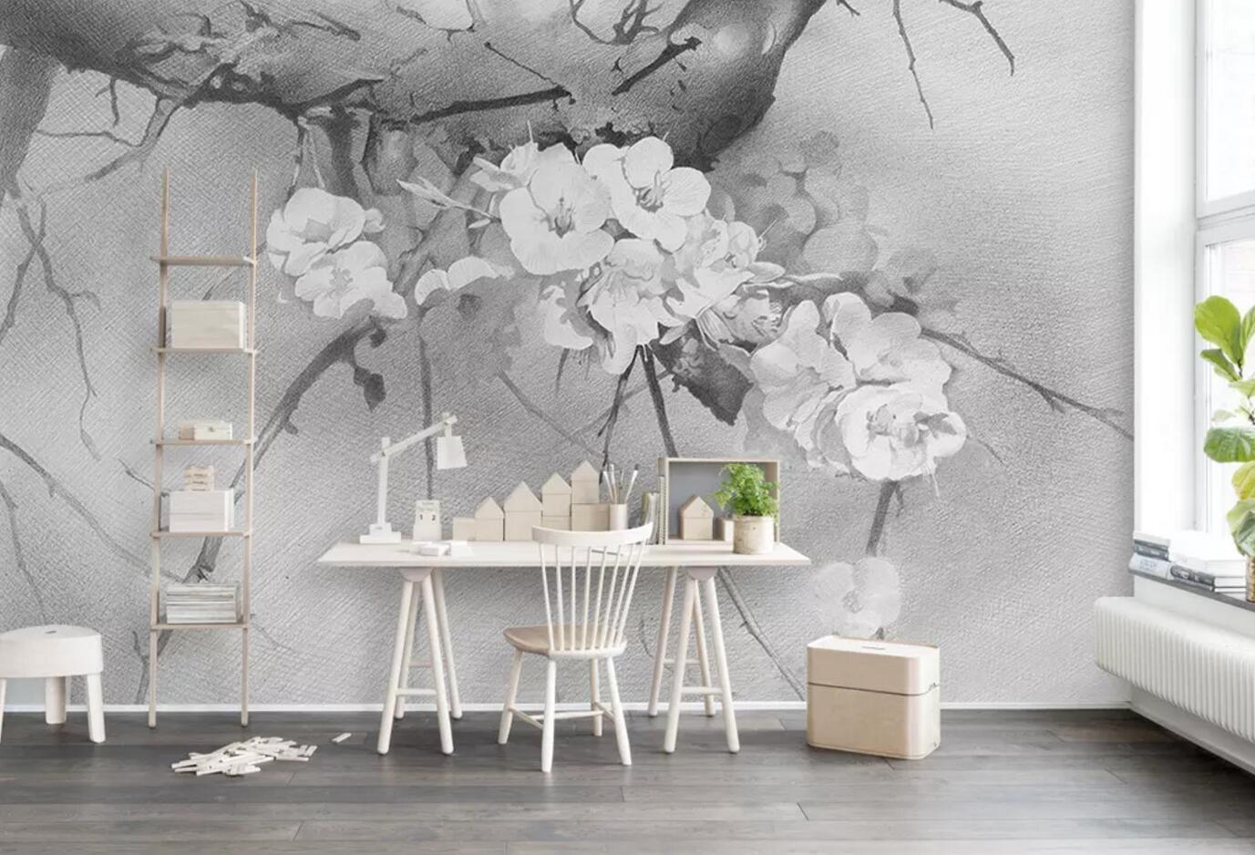 3D black white plum blossom watercolor background wall mural wallpaper 46- Jess Art Decoration