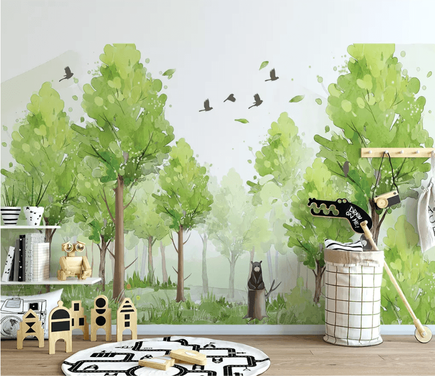 3D Watercolor Green Forest Bear Birds Wall Mural 254- Jess Art Decoration