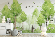 3D Watercolor Green Forest Bear Birds Wall Mural 254- Jess Art Decoration