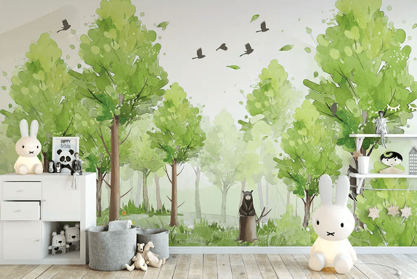 3D Watercolor Green Forest Bear Birds Wall Mural 254- Jess Art Decoration