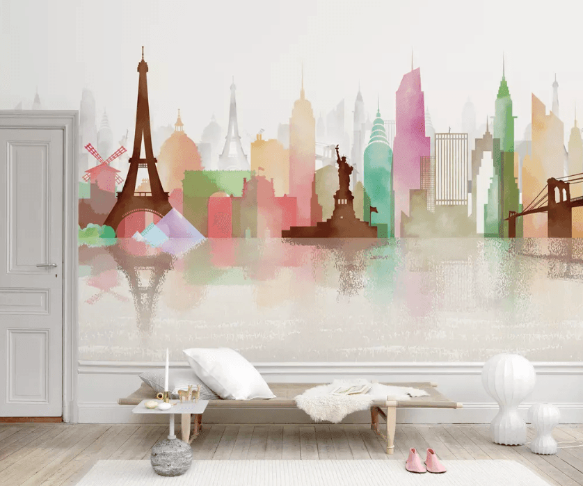3D Modern Watercolor City Eiffel Tower Wall Murals 211- Jess Art Decoration