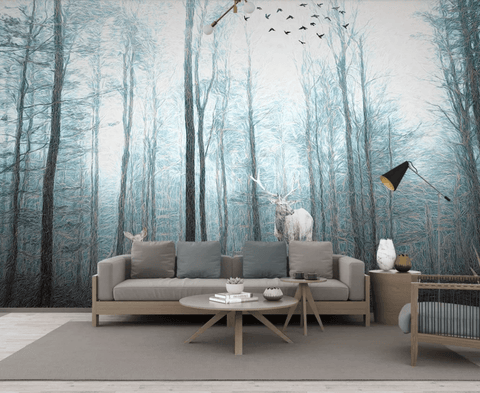 3D Mysterious Misty Forest Deer Wall Mural Removable 101- Jess Art Decoration