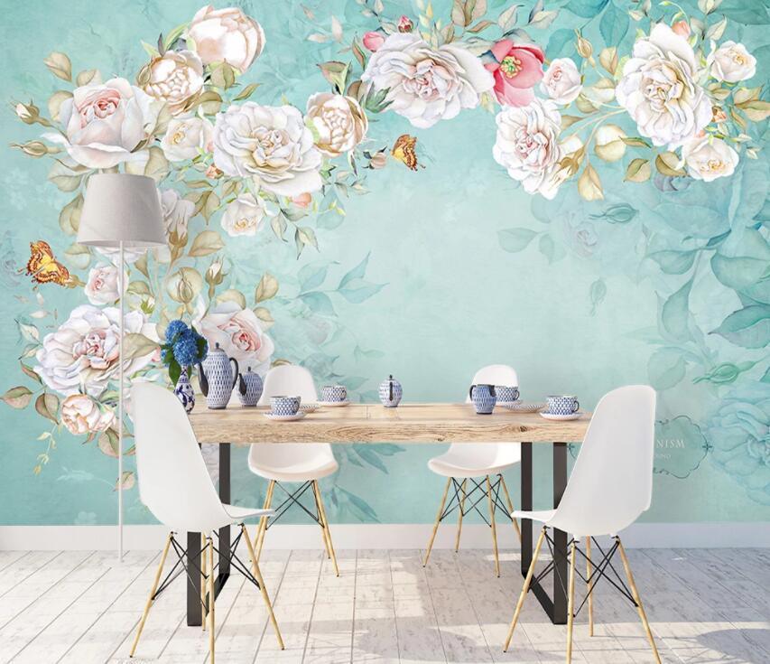 3D Partysu Bloomy Bluish Floral Wall Mural Removable 116- Jess Art Decoration