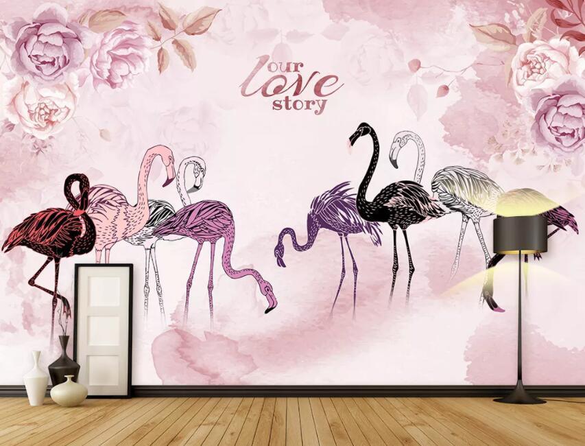 3D Pink Flamingo Floral Wall Mural Removable Wallpaper 01- Jess Art Decoration