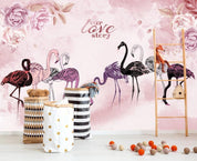 3D Pink Flamingo Floral Wall Mural Removable Wallpaper 01- Jess Art Decoration