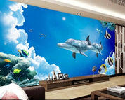 3D Blue Seabed Dolphin Wall Mural Wallpaper 1728- Jess Art Decoration