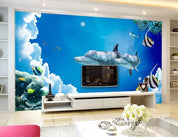 3D Blue Seabed Dolphin Wall Mural Wallpaper 1728- Jess Art Decoration