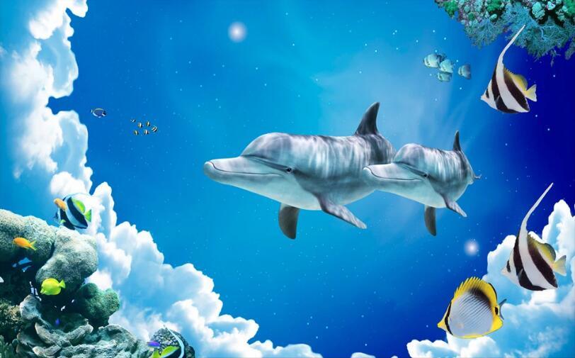 3D Blue Seabed Dolphin Wall Mural Wallpaper 1728- Jess Art Decoration
