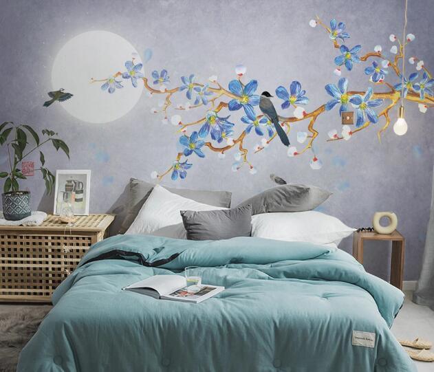 3D Blossom Branch Bird Moon Wall Mural Wallpaper 2598- Jess Art Decoration
