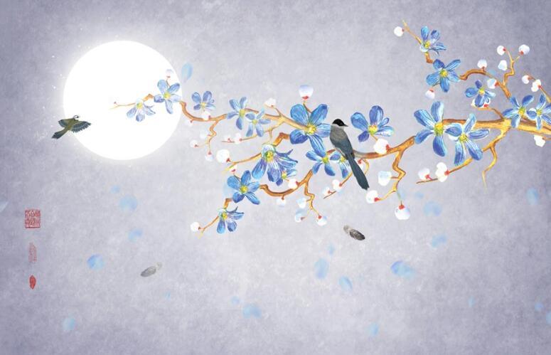 3D Blossom Branch Bird Moon Wall Mural Wallpaper 2598- Jess Art Decoration