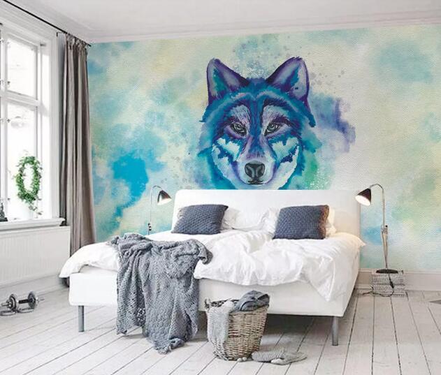 3D Blue Watercolor Wolf Wall Mural Wallpaper 1933- Jess Art Decoration