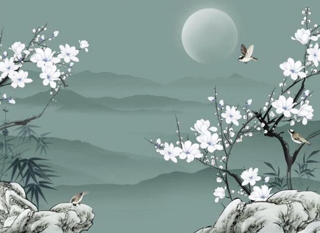 3D Mountains Blossom Bird Wall Mural Wallpaper 1445- Jess Art Decoration